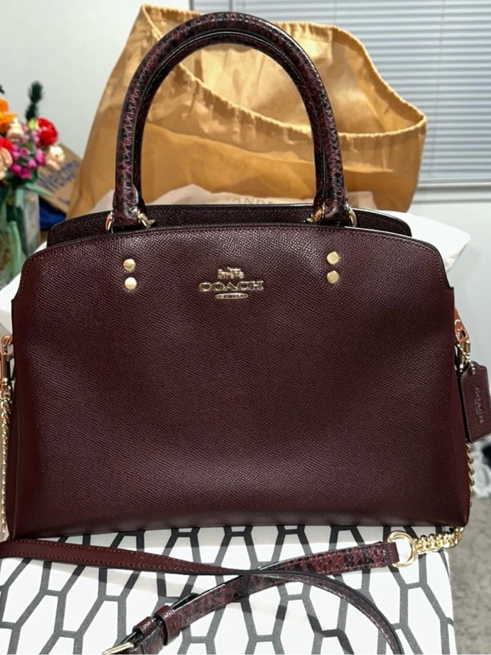 Coach Lillie Carryall Burgundy Leather Satchel with Gold Hardware